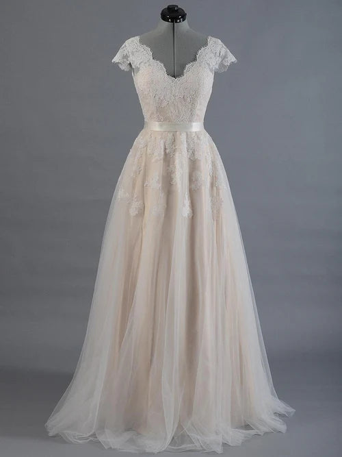 Aimishang Elegant A Line Cap Sleeve V-Neck Lace Tulle Wedding Dress With Zipper Back Romantic Bridal Gown