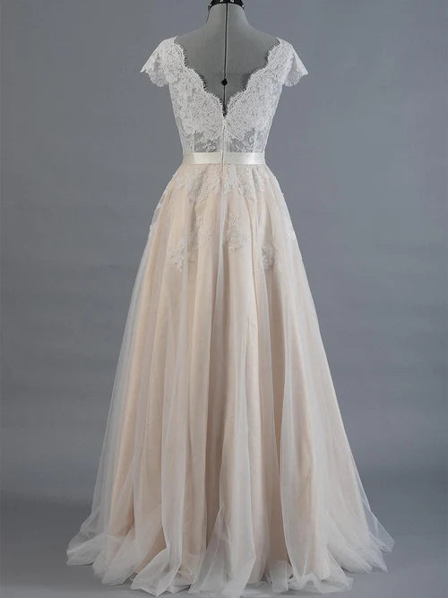 Aimishang Elegant A Line Cap Sleeve V-Neck Lace Tulle Wedding Dress With Zipper Back Romantic Bridal Gown