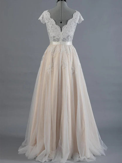 Aimishang Elegant A Line Cap Sleeve V-Neck Lace Tulle Wedding Dress With Zipper Back Romantic Bridal Gown