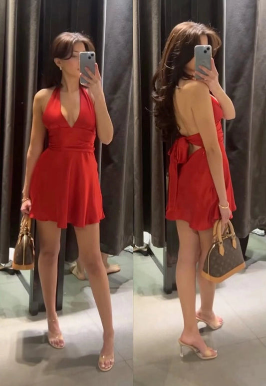 Aimishang Elegant A Line Halter Backless Satin Short Homecoming Dress Summer Simple Graduation Party Dress