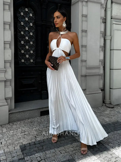 Aimishang Elegant A Line Halter Pleated Party Evening Gowns Fashion Sleeveless Long Prom Dress Summer Holiday Dress