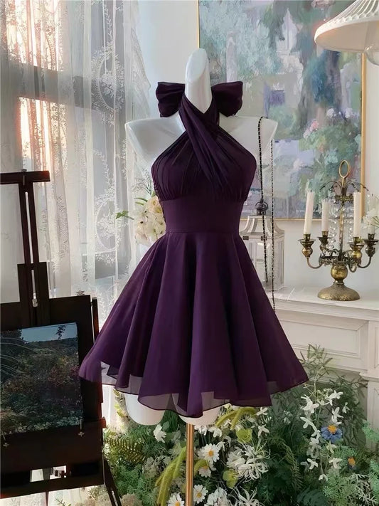 Aimishang Elegant A Line Halter Purple Sleeveless Chiffon Short Formal Homecoming Dress Simple Summer Birthday Party Dress