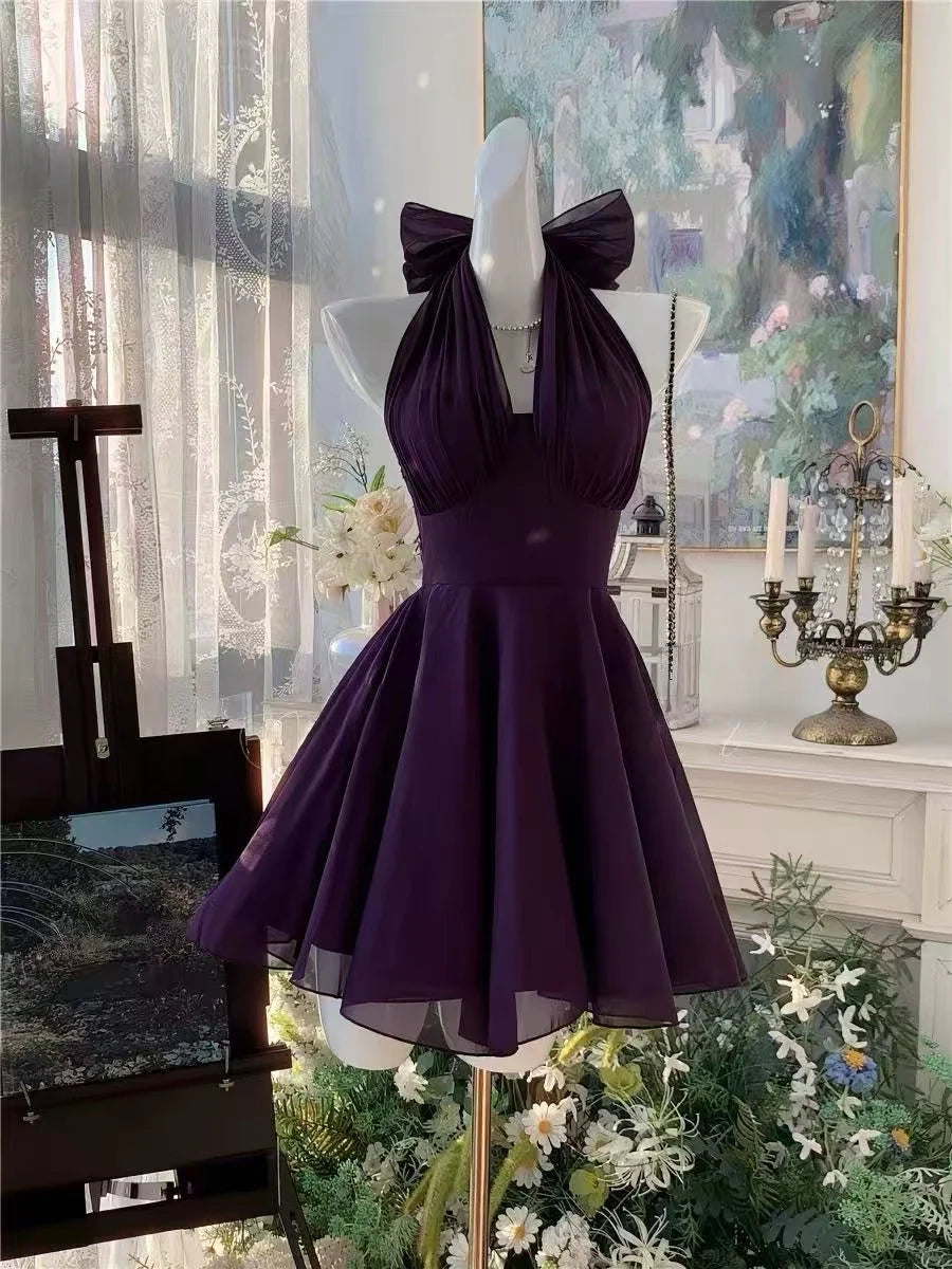 Aimishang Elegant A Line Halter Purple Sleeveless Chiffon Short Formal Homecoming Dress Simple Summer Birthday Party Dress