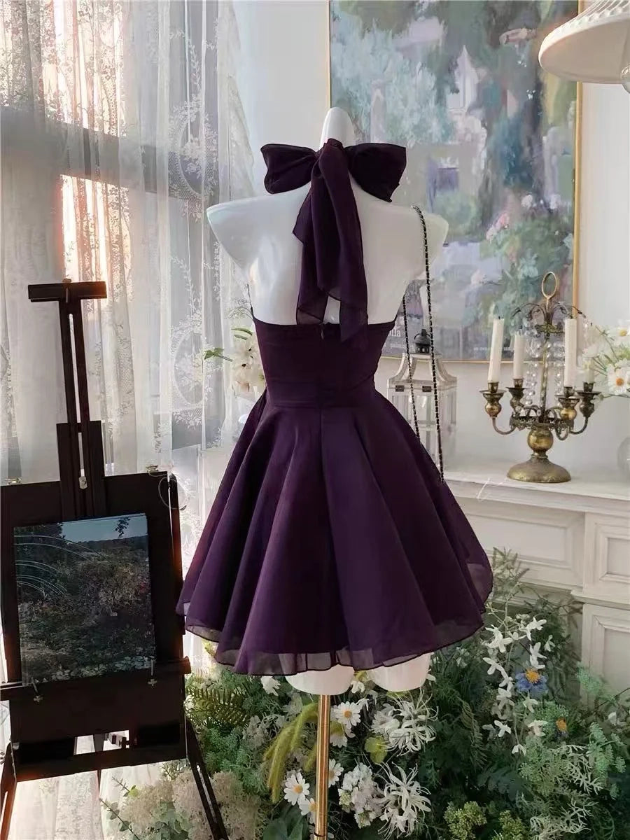 Aimishang Elegant A Line Halter Purple Sleeveless Chiffon Short Formal Homecoming Dress Simple Summer Birthday Party Dress