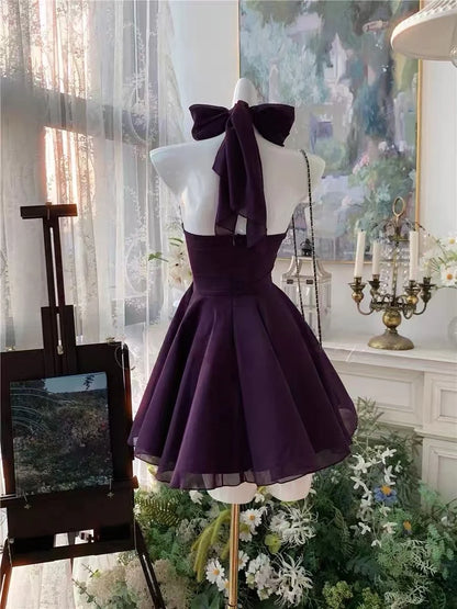 Aimishang Elegant A Line Halter Purple Sleeveless Chiffon Short Formal Homecoming Dress Simple Summer Birthday Party Dress