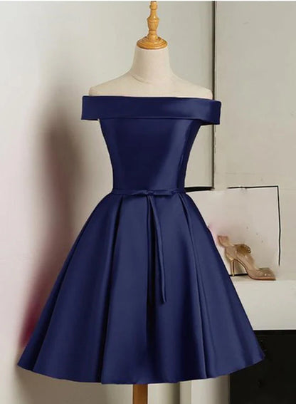Aimishang Elegant A Line Off Shoulder Blue Satin Formal Prom Dress Cute Homecoming Dress