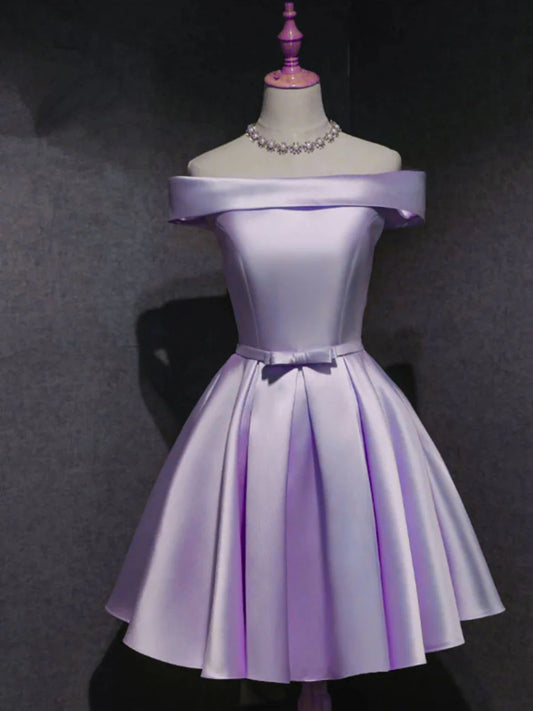Aimishang Elegant A Line Off Shoulder Purple Satin Formal Prom Dress Cute Homecoming Dress