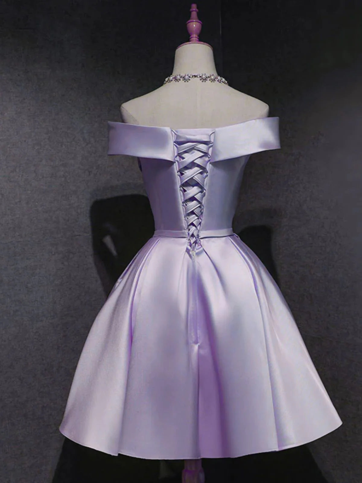 Aimishang Elegant A Line Off Shoulder Purple Satin Formal Prom Dress Cute Homecoming Dress