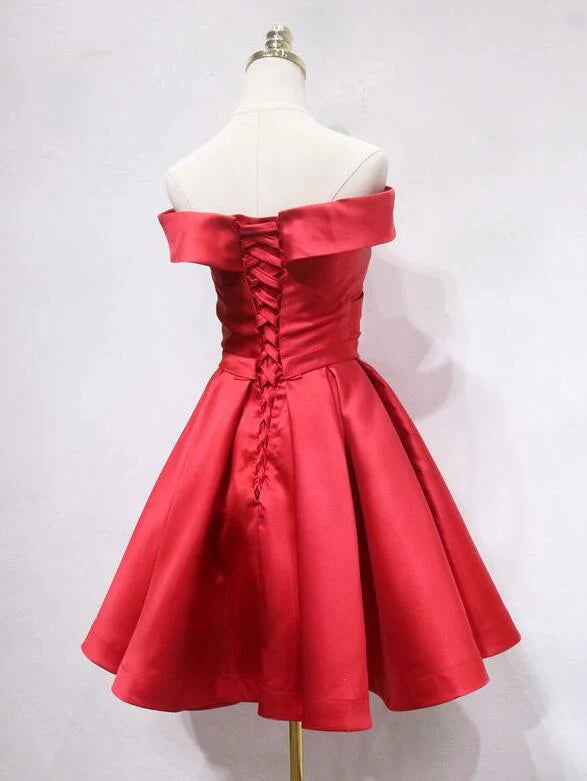 Aimishang Elegant A Line Off Shoulder Satin Lace-Up Back Short Formal Prom Dress Pretty Homecoming Dress