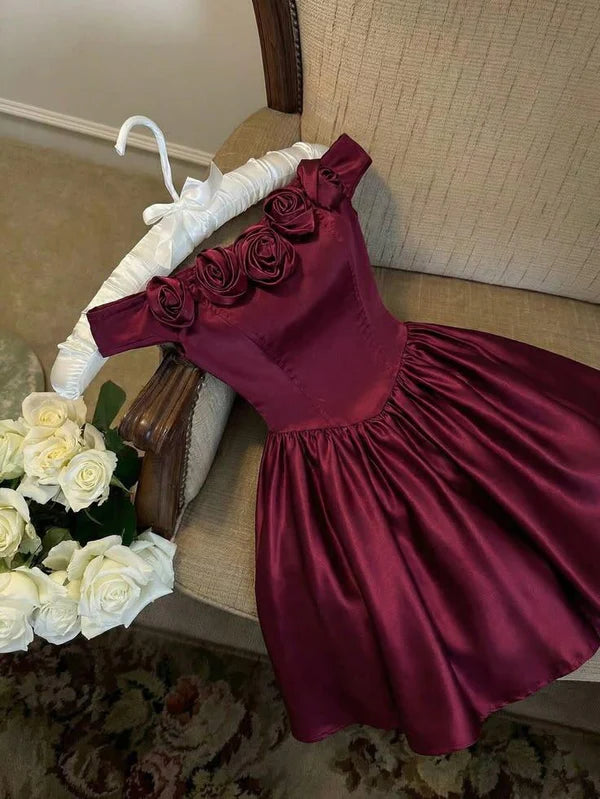 Aimishang Elegant A Line Off The Shoulder Satin Short Birthday Party Dress Pretty Floral Homecoming Dress
