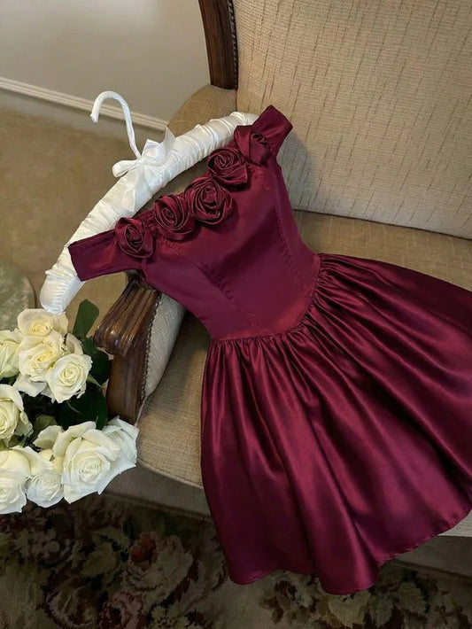 Aimishang Elegant A Line Off The Shoulder Satin Short Birthday Party Dress Pretty Floral Homecoming Dress