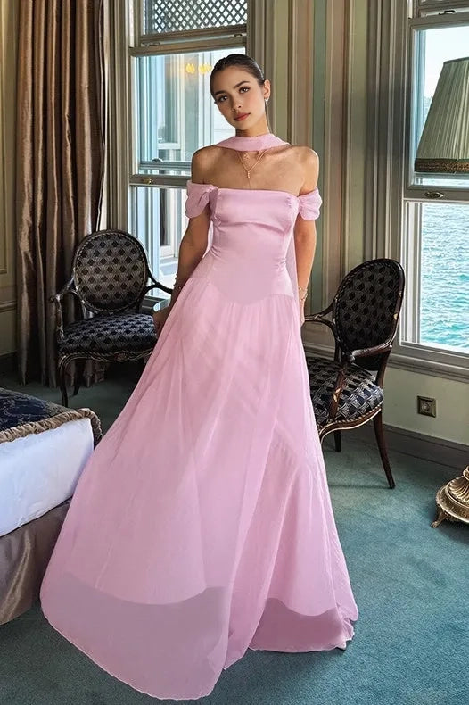 Aimishang Elegant A Line Off the Shoulder Long Formal Prom Dress Sweet Wedding Guest Party Dress