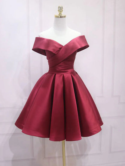 Aimishang Elegant A Line Off the Shoulder Satin Lace-Up Back Short Formal Prom Dress Classy Homecoming Dress