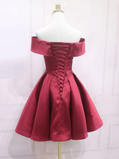 Aimishang Elegant A Line Off the Shoulder Satin Lace-Up Back Short Formal Prom Dress Classy Homecoming Dress