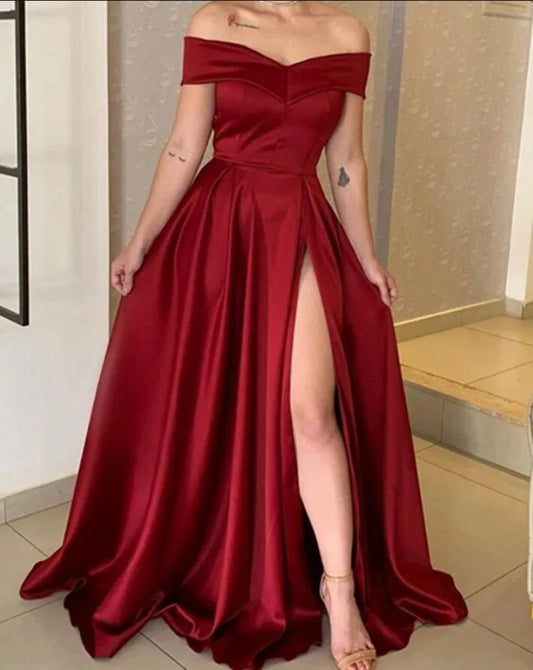 Aimishang Elegant A Line Off the Shoulder Wedding Guest Party Dress Satin Long Formal Prom Dress With Slit