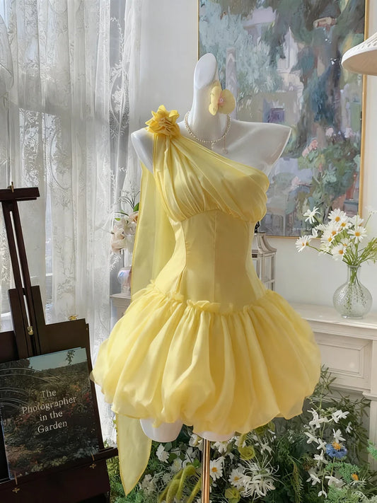 Aimishang Elegant A Line One Shoulder Sleeveless Zipper Back Short Yellow Homecoming Dress No With Neck accessories
