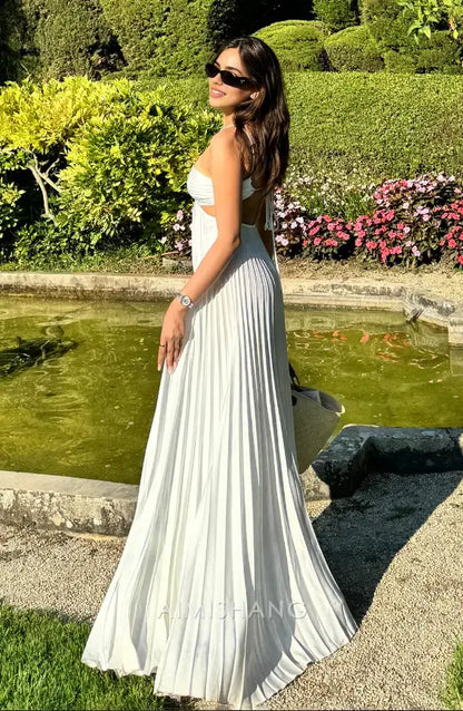 Aimishang Elegant A Line Pleated Party Evening Gowns Sleeveless Fashion Long Wedding Dress Summer Holiday Dress