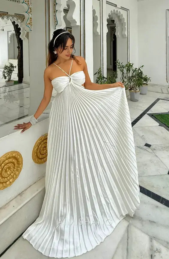 Aimishang Elegant A Line Pleated Party Evening Gowns Sleeveless Fashion Long Wedding Dress Summer Holiday Dress