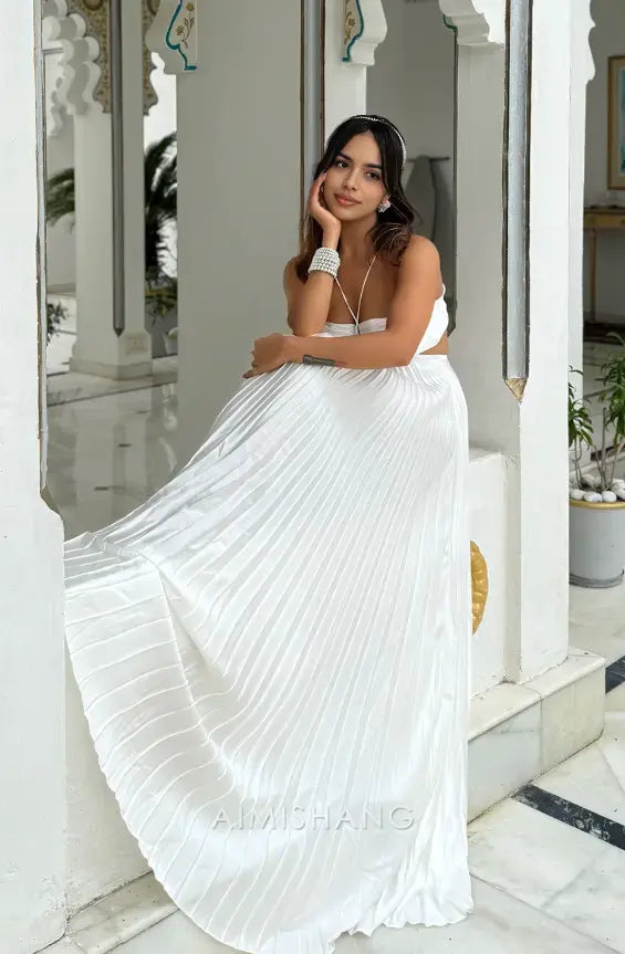 Aimishang Elegant A Line Pleated Party Evening Gowns Sleeveless Fashion Long Wedding Dress Summer Holiday Dress