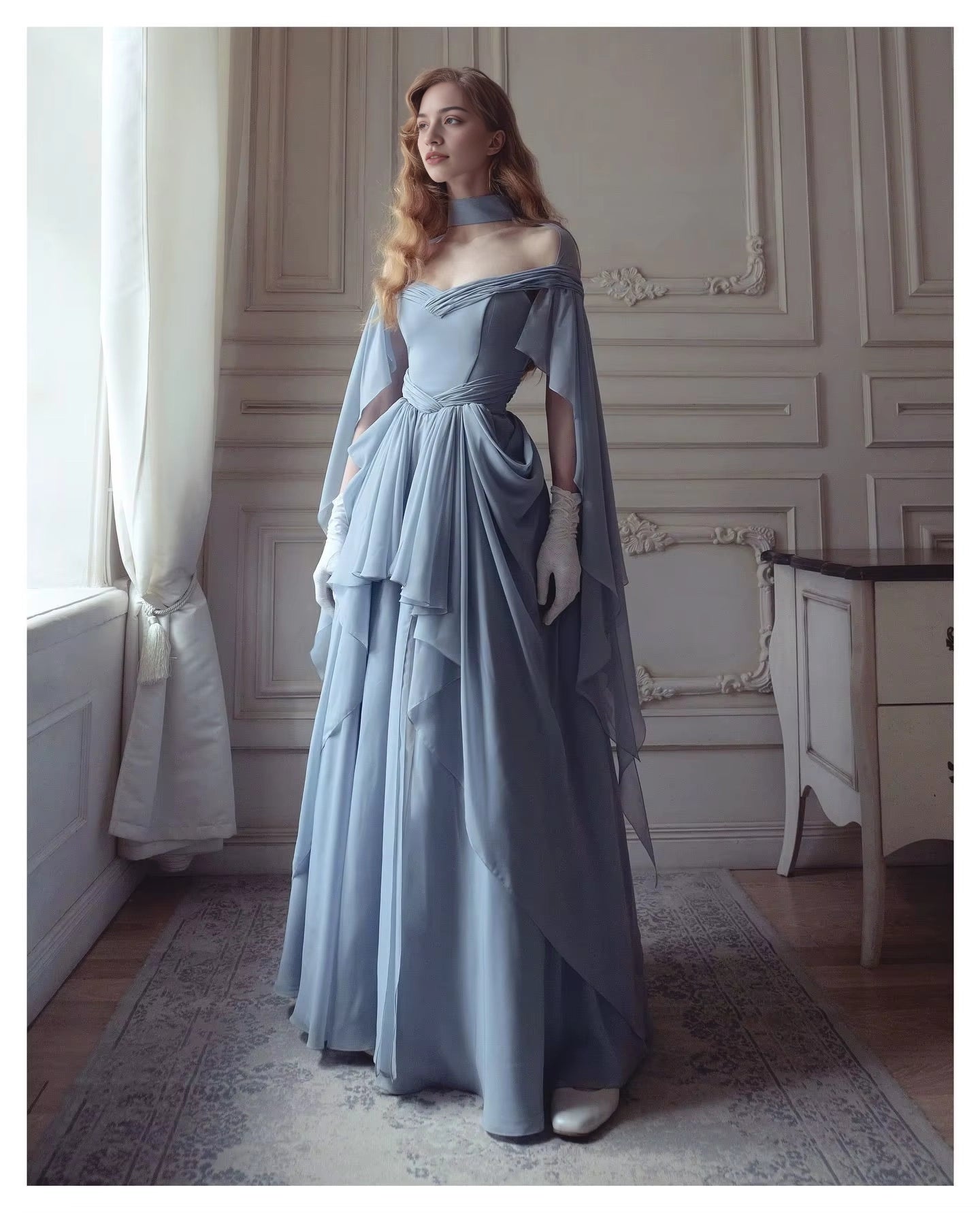 Aimishang Elegant A Line Princess Blue Chiffon Long Party Evening Gown Chic Wedding Guest Dress