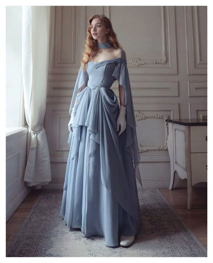 Aimishang Elegant A Line Princess Blue Chiffon Long Party Evening Gown Chic Wedding Guest Dress
