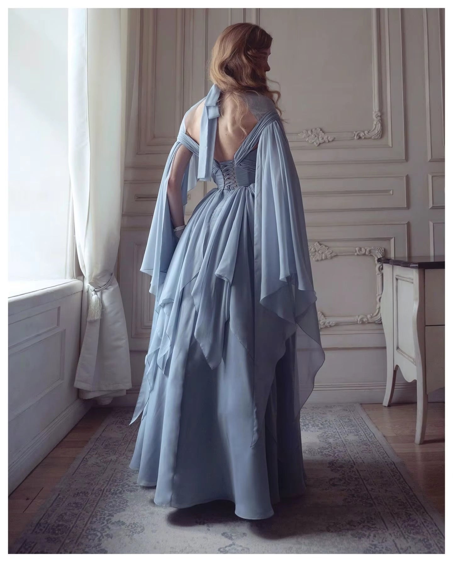 Aimishang Elegant A Line Princess Blue Chiffon Long Party Evening Gown Chic Wedding Guest Dress