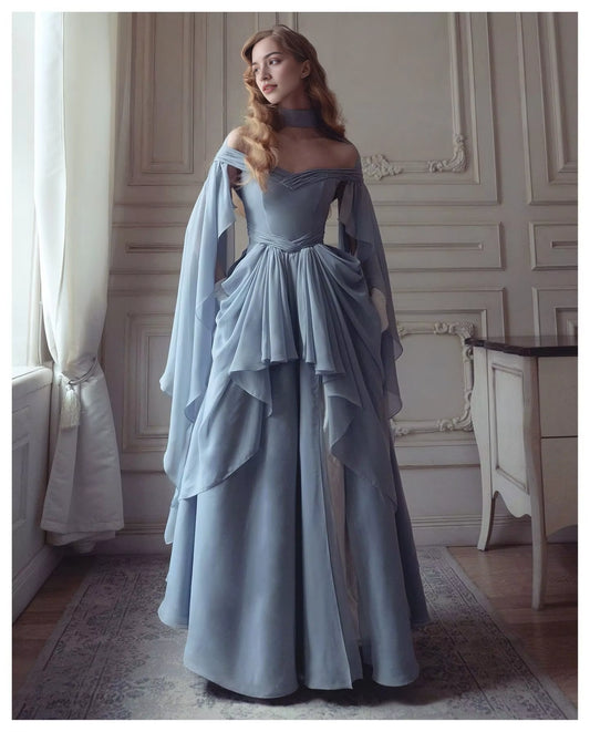 Aimishang Elegant A Line Princess Blue Chiffon Long Party Evening Gown Chic Wedding Guest Dress