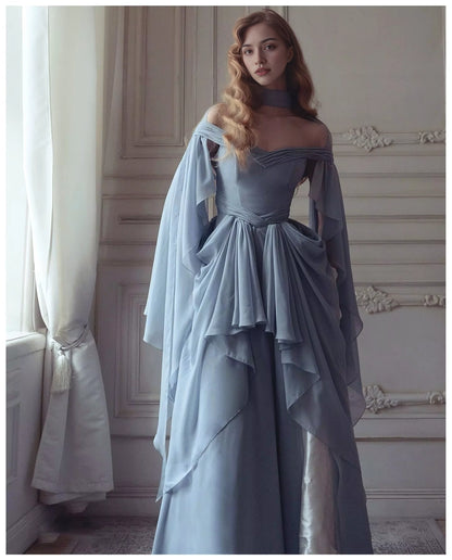 Aimishang Elegant A Line Princess Blue Chiffon Long Party Evening Gown Chic Wedding Guest Dress