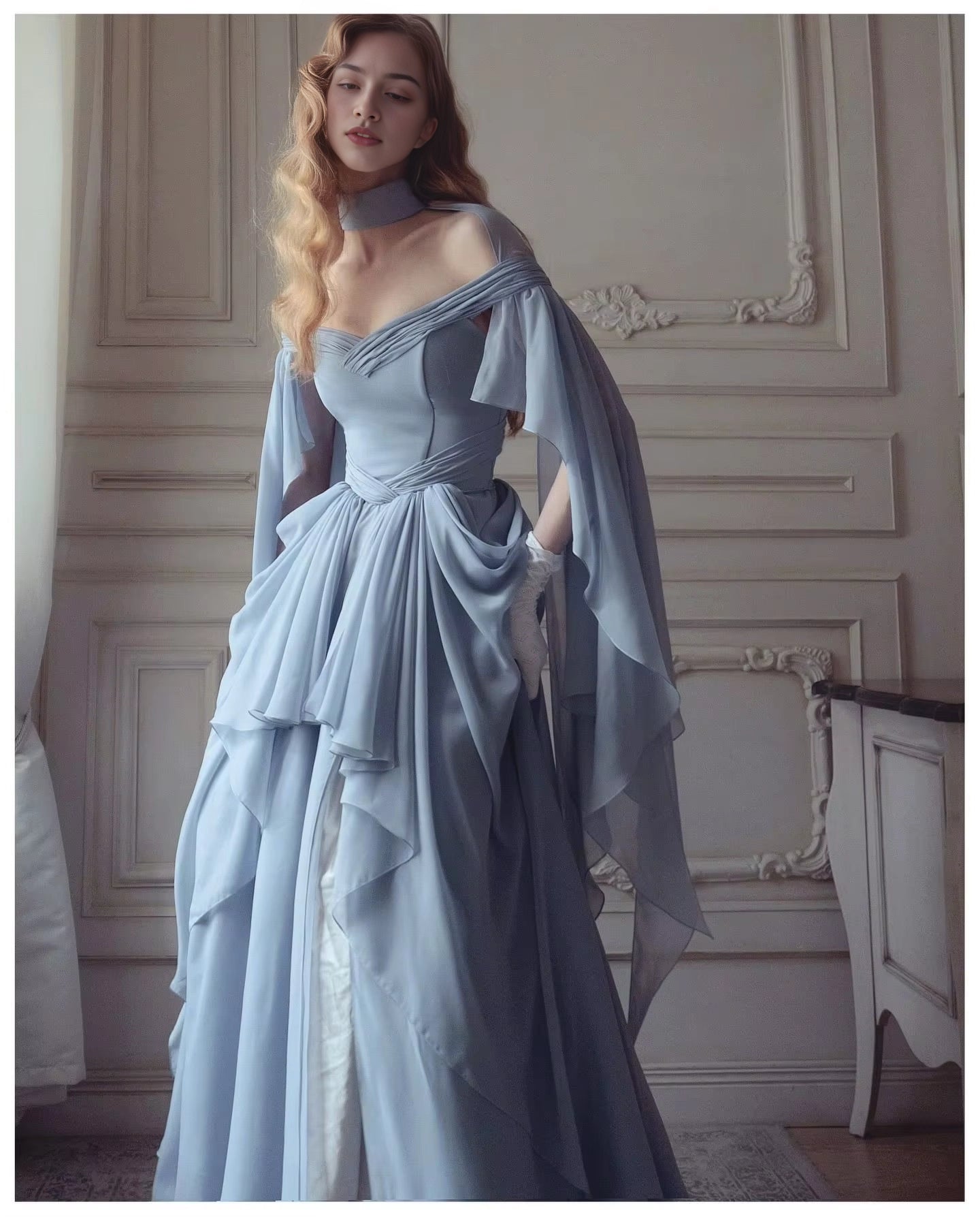 Aimishang Elegant A Line Princess Blue Chiffon Long Party Evening Gown Chic Wedding Guest Dress