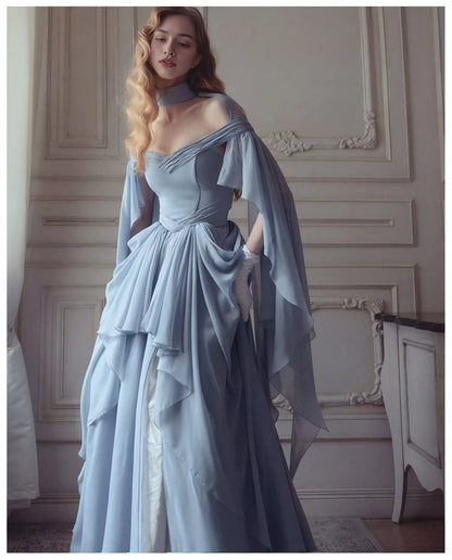 Aimishang Elegant A Line Princess Blue Chiffon Long Party Evening Gown Chic Wedding Guest Dress