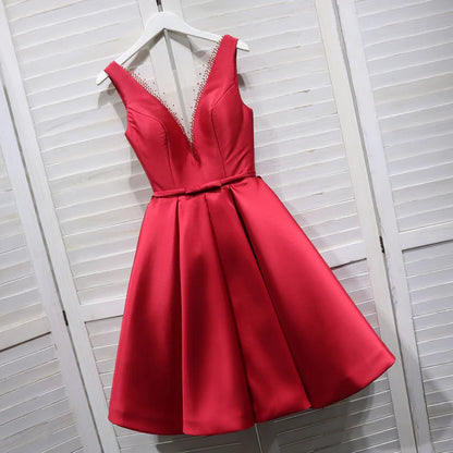 Aimishang Elegant A Line Satin V-neckline Sleeveless Homecoming Dress Short Prom Dress Party Dress Formal Dress Wholesale