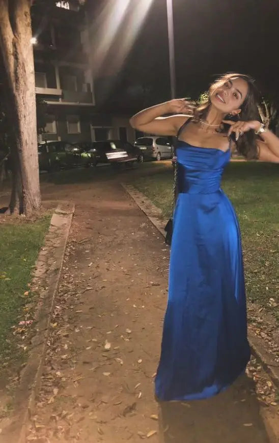 Aimishang Elegant A Line Sleeveless Blue Satin Evening Party Dress Simple Long Formal Graduation Dress