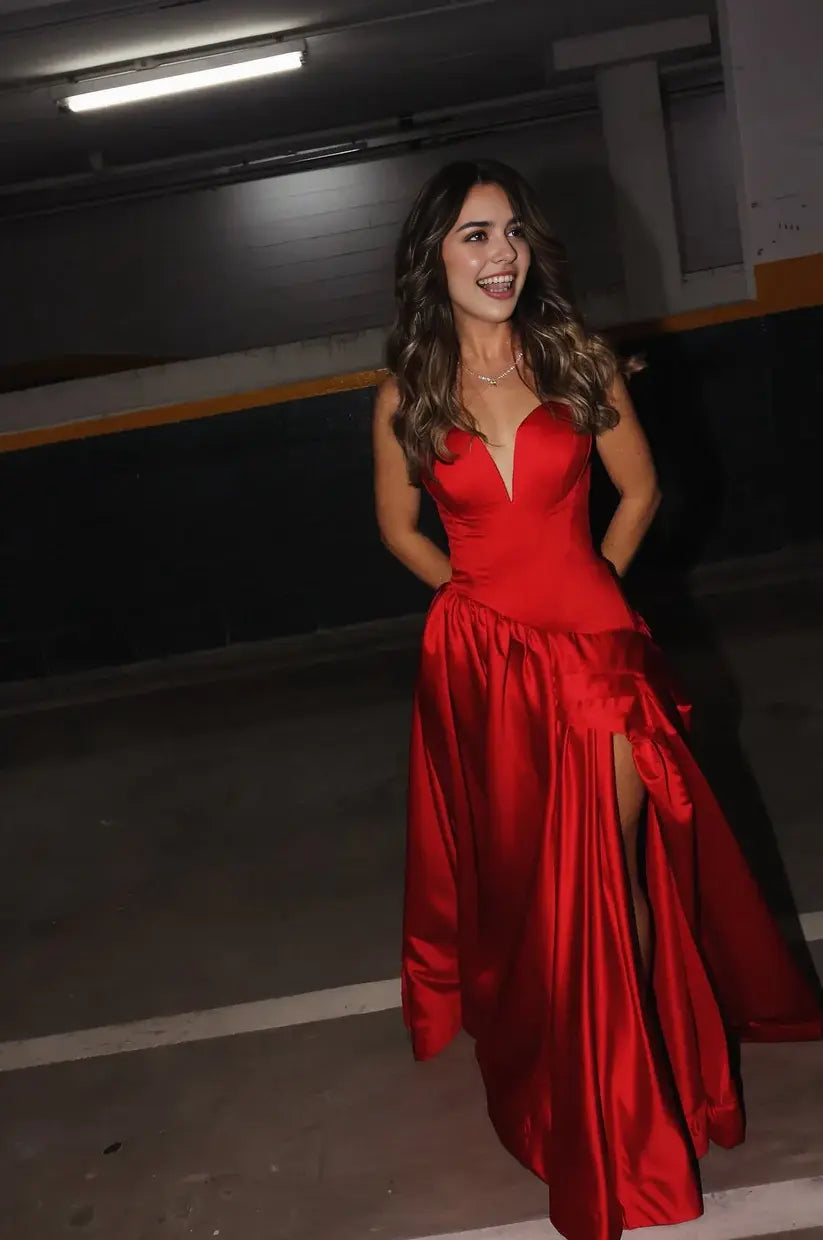 Aimishang Elegant A Line Sleeveless Satin Party Evening Gown With Slit Charming Wedding Guest Dress