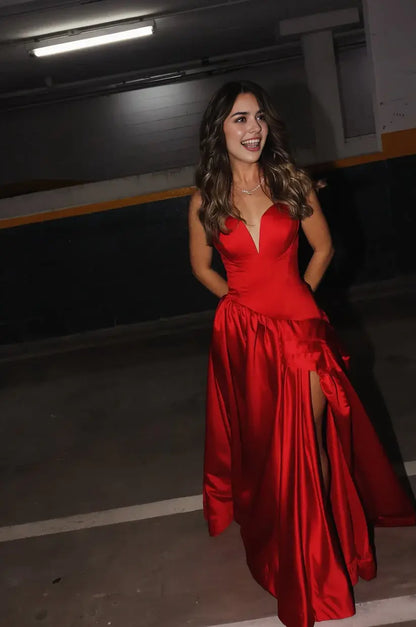 Aimishang Elegant A Line Sleeveless Satin Party Evening Gown With Slit Charming Wedding Guest Dress