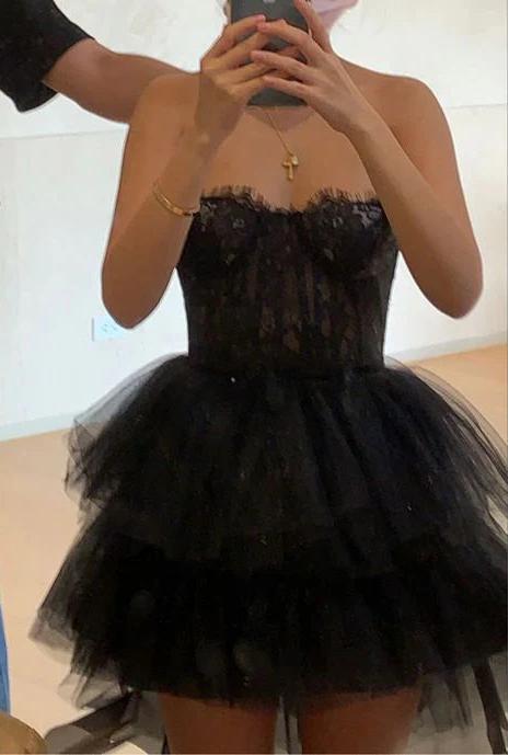 Aimishang Elegant A Line Strapless Black Tulle Short Formal Birthday Party Dress Classy Graduation Homecoming Dress