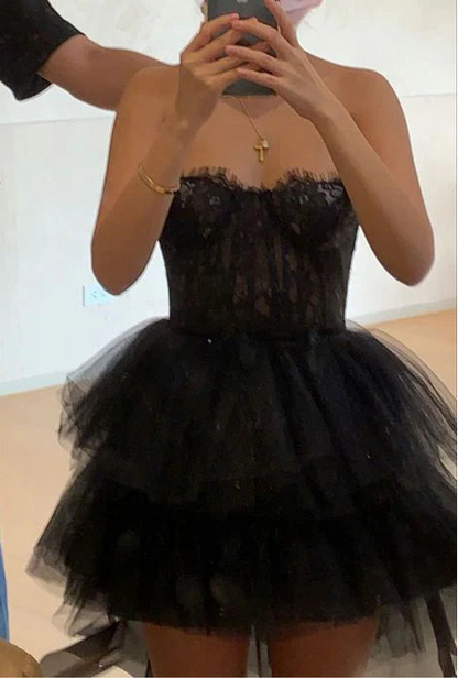 Aimishang Elegant A Line Strapless Black Tulle Short Formal Birthday Party Dress Classy Graduation Homecoming Dress