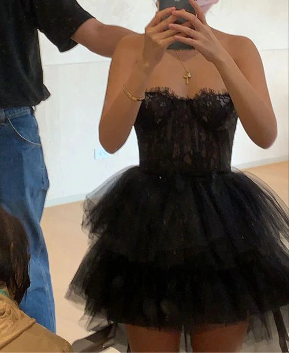 Aimishang Elegant A Line Strapless Black Tulle Short Formal Birthday Party Dress Classy Graduation Homecoming Dress