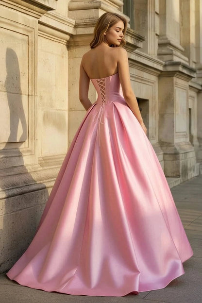 Aimishang Elegant A Line Strapless Satin Lace Up Back Long Formal Prom Dress Sweet Graduation Party Dress