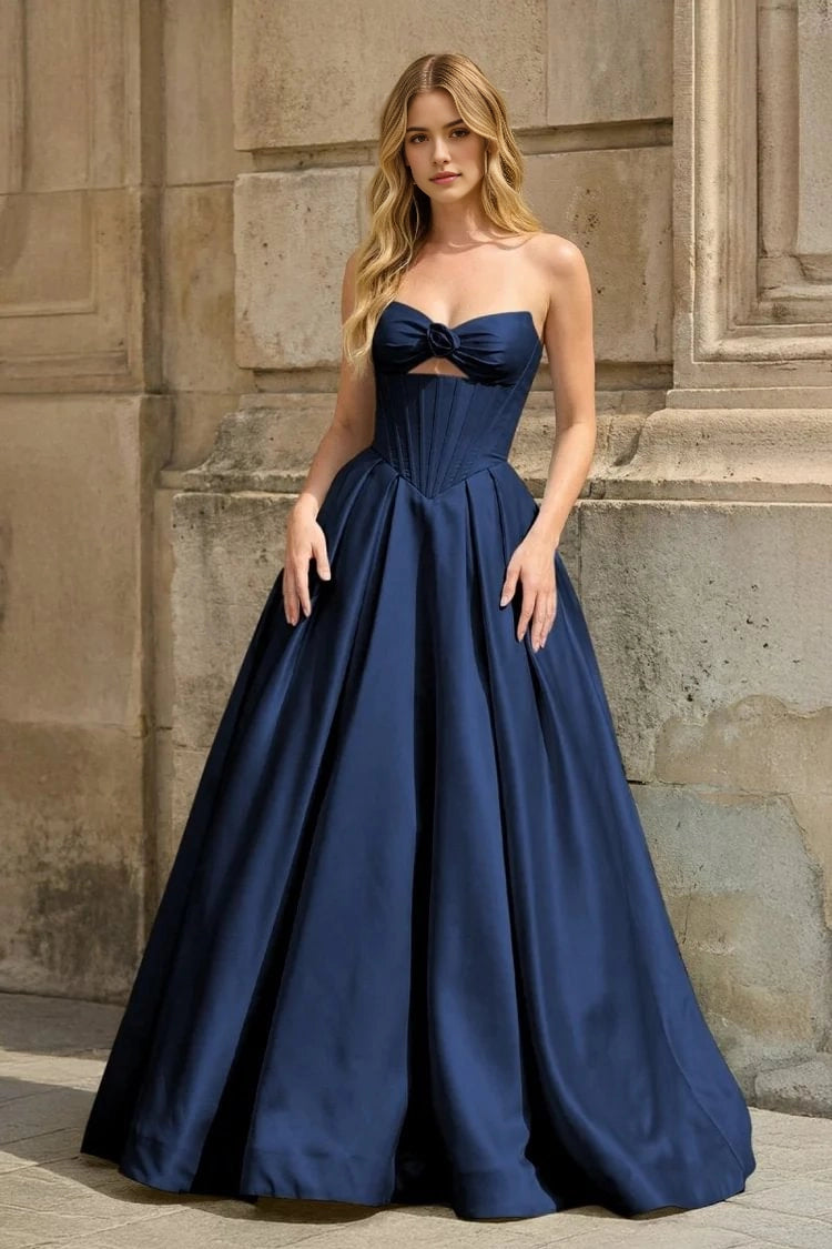 Aimishang Elegant A Line Strapless Satin Lace Up Back Long Formal Prom Dress Sweet Graduation Party Dress