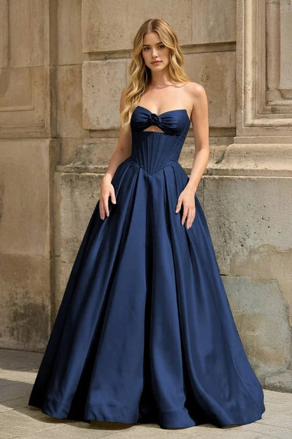 Aimishang Elegant A Line Strapless Satin Lace Up Back Long Formal Prom Dress Sweet Graduation Party Dress