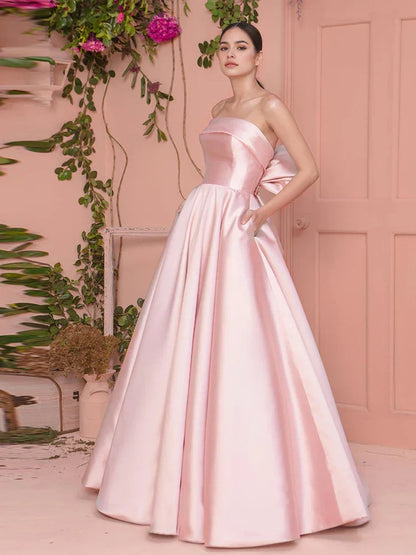 Aimishang Elegant A Line Strapless Satin Long Formal Prom Dress Sweet Graduation Party Dress