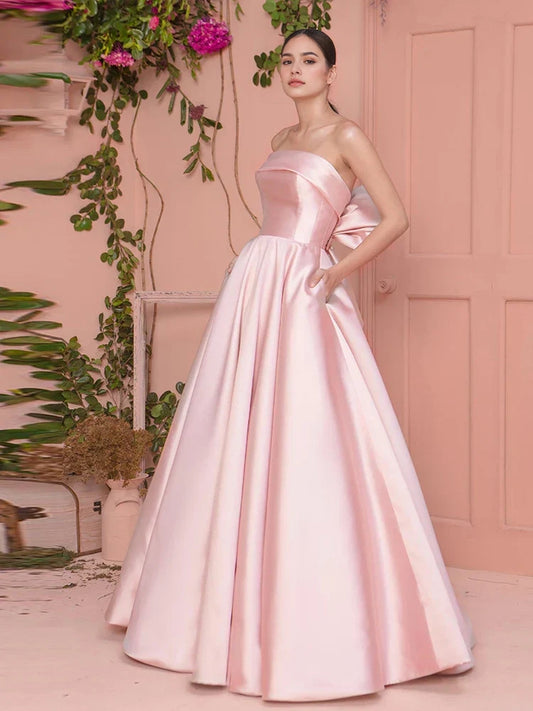 Aimishang Elegant A Line Strapless Satin Long Formal Prom Dress Sweet Graduation Party Dress