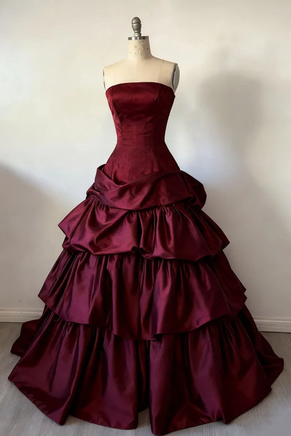 Aimishang Elegant A Line Strapless Sleeveless Graduation Dress Vintage Tiered Long Formal Prom Dress