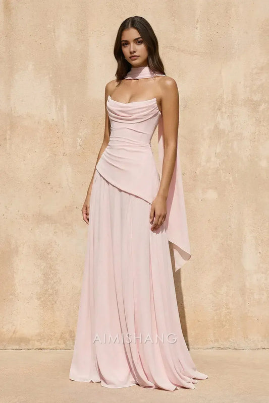 Aimishang Elegant A Line Strapless Sleeveless Long Prom Dress Sweet Wedding Guest Party Dress