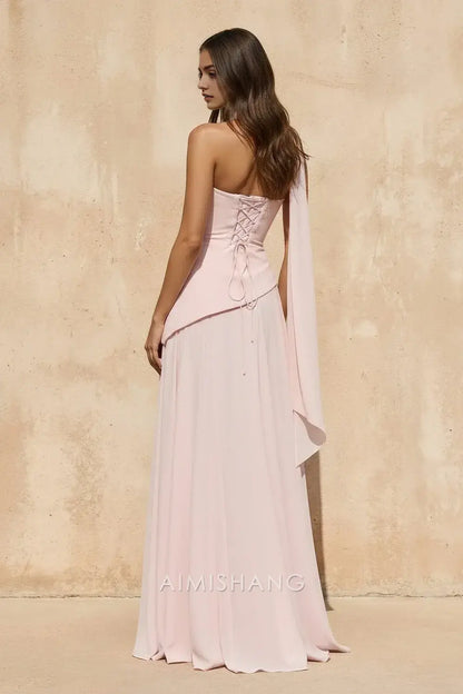 Aimishang Elegant A Line Strapless Sleeveless Long Prom Dress Sweet Wedding Guest Party Dress
