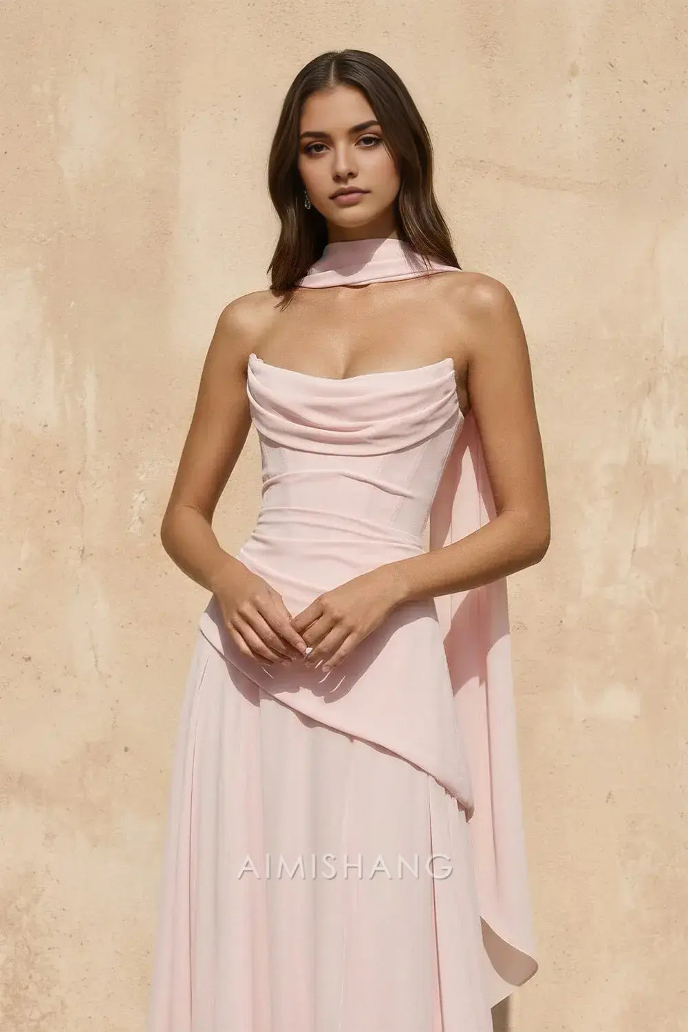 Aimishang Elegant A Line Strapless Sleeveless Long Prom Dress Sweet Wedding Guest Party Dress