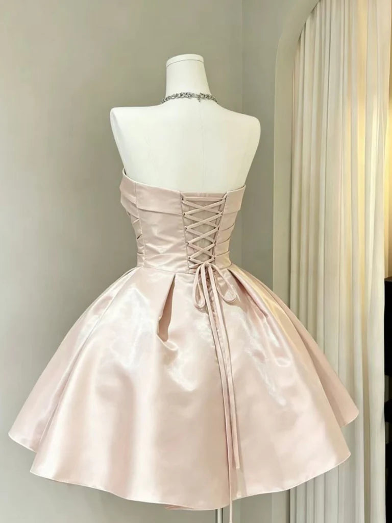 Aimishang Elegant A Line Strapless Sleeveless Pleated Lace-up Back Short Homecoming Dress For Girls