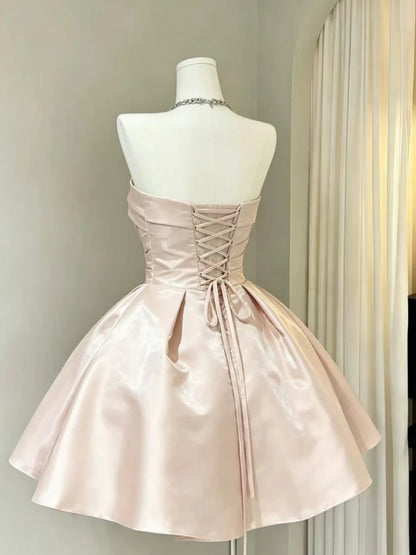 Aimishang Elegant A Line Strapless Sleeveless Pleated Lace-up Back Short Homecoming Dress For Girls