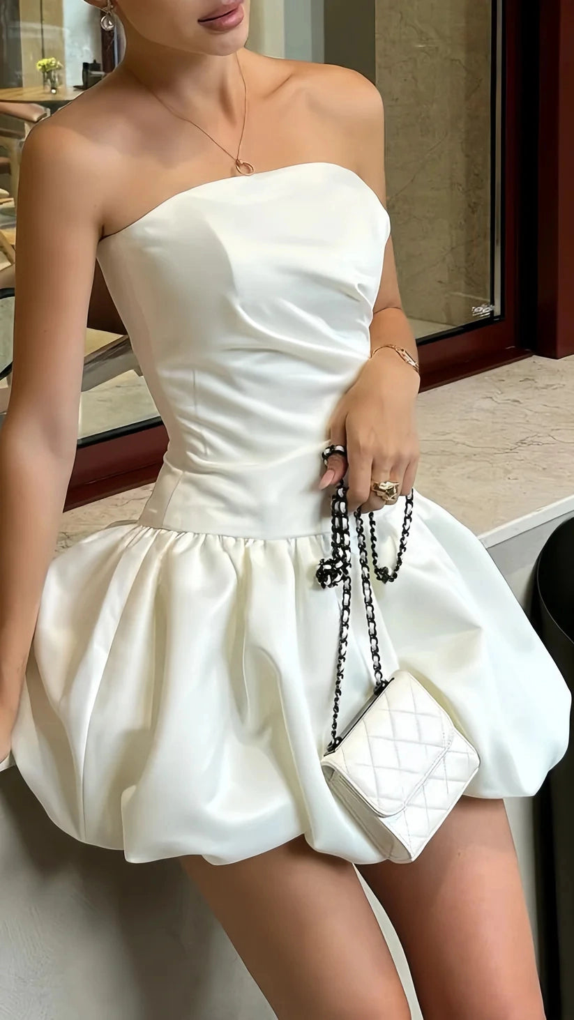 Aimishang Elegant A Line Strapless Sleeveless Satin Short/Mini Summer Party Dress Simple Graduation Homecoming Dress
