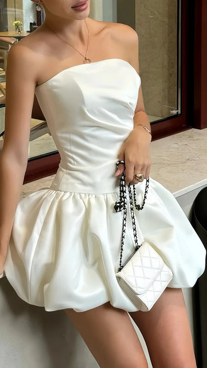 Aimishang Elegant A Line Strapless Sleeveless Satin Short/Mini Summer Party Dress Simple Graduation Homecoming Dress